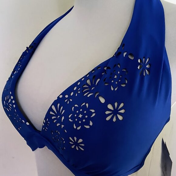 Cobalt Blue with White Lasercut Floral Design Padded Halter Swim Top - Picture 3 of 6